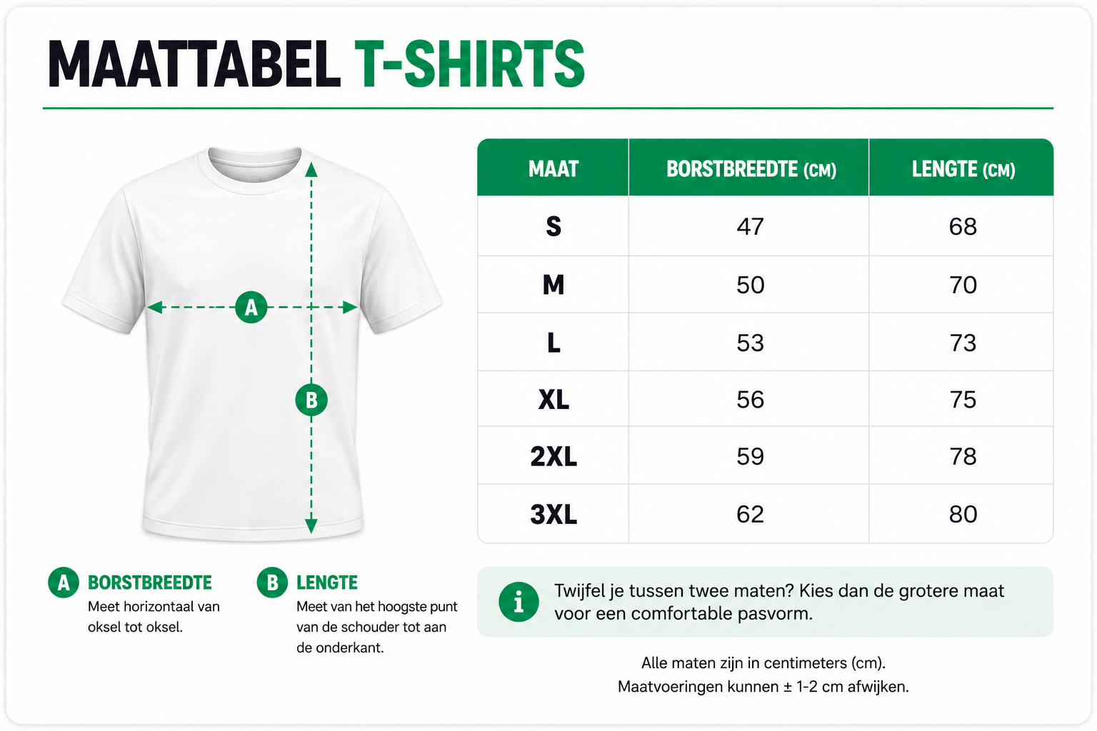 Maattabel T-shirts